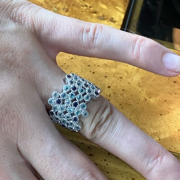 Natural Blue Apatite Iolite Sterling Silver Bubble Ring Size 6 - Picture 4 of 9